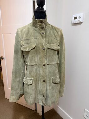 Vintage Free People Olive Green Cow Leather Suede Utility Jacket